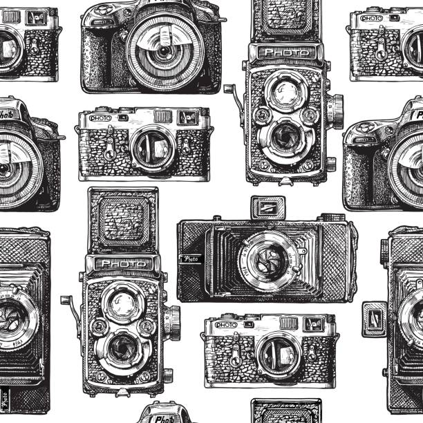 Seamless pattern with photo cameras Seamless pattern with photo cameras. Vector illustration in vintage engraved style on white background. etching illustrations stock illustrations