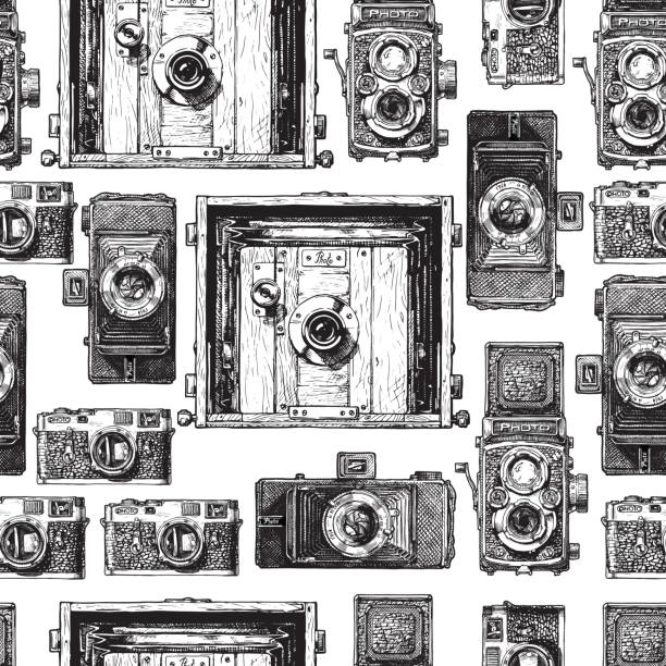 bezszwowy wzór z aparatami fotograficznymi - rangefinder camera stock illustrations
