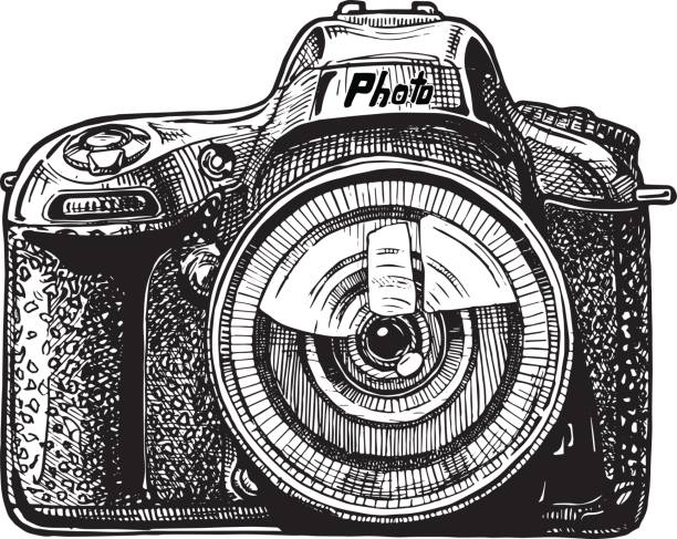Single-lens reflex camera Vector hand drawn sketch of SLR photo camera in vintage engraved style on white background. engraved image photos stock illustrations