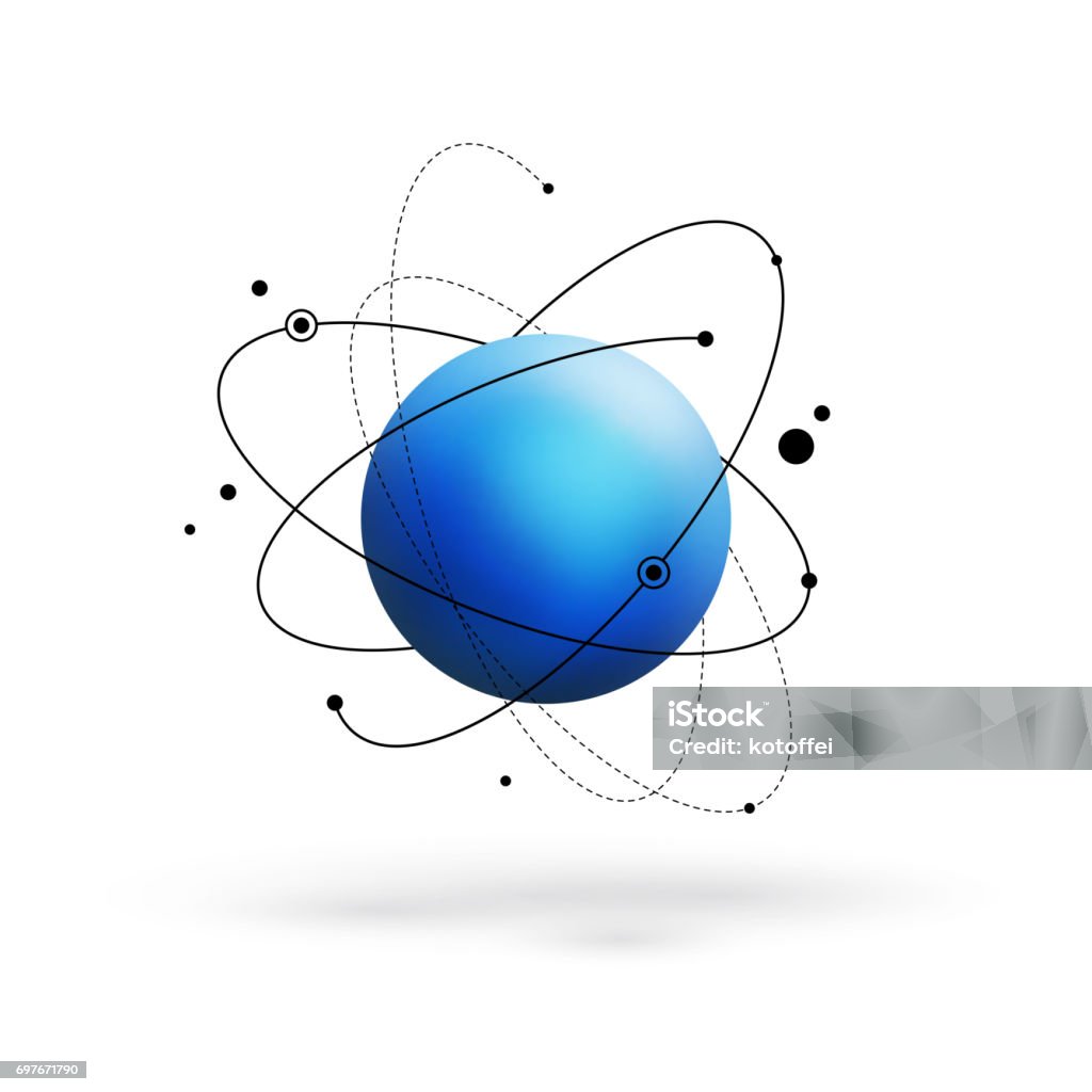 Abstract atom. Molecule model Abstract atom with core and orbits with electrons. Vector illustration. 3D chemical technology concept. Molecule model Atom stock vector