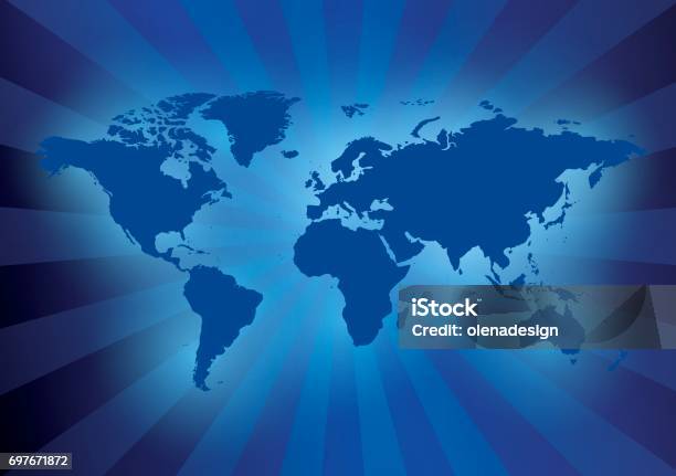 Dark Blue Background With Map Of The World Vector With Rays Stock Illustration - Download Image Now