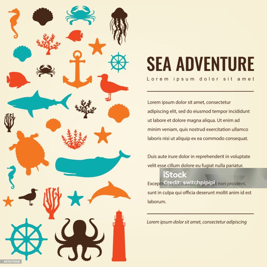 Sea icons and symbols set. Sea animals. Nautical design elements. Vector Sea icons and symbols set. Sea animals. Nautical design elements. Vector illustration Dolphin stock vector