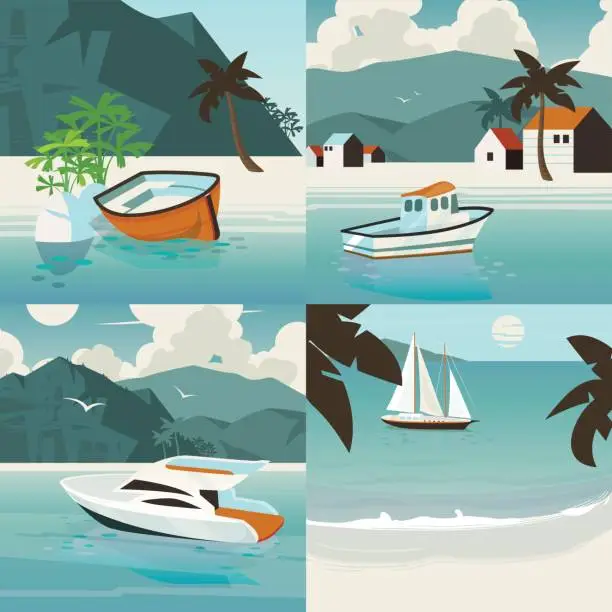 Vector illustration of Four square nautical illustration set with tropical paradise landscape with various marine vessels. Water transport summer vector illustration.