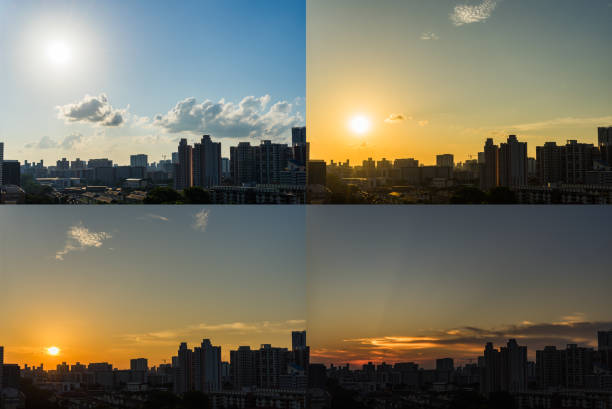4 momenti di tramonto centro di singapore skyline giorno a notte - sequenza giorno e notte foto e immagini stock