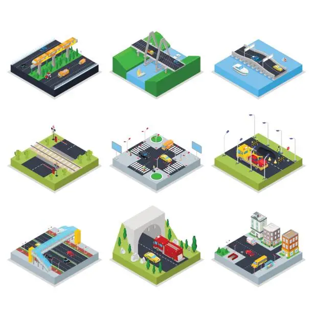 Vector illustration of Isometric Urban Infrastructure with Roads, Crossroad, Cars and Bridge. City Traffic