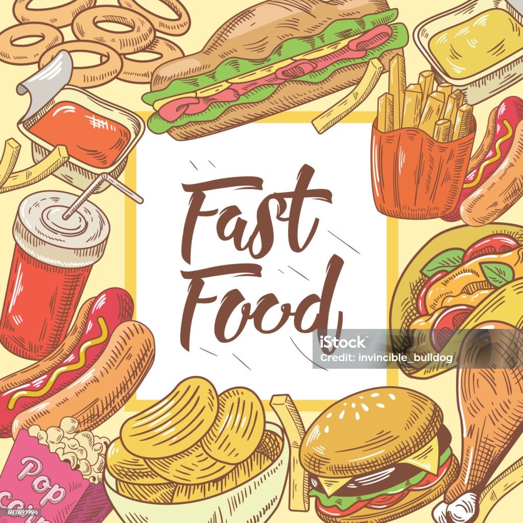 Fast Food Hand Drawn Background with Burger, Hot Dog and Drink. Unhealthy Eating Fast Food Hand Drawn Background with Burger, Hot Dog and Drink. Unhealthy Eating. Vector illustration American Culture stock vector