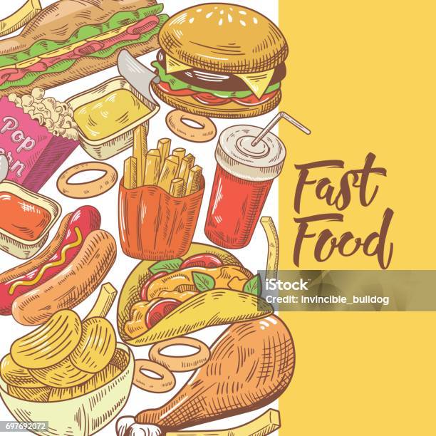 Fast Food Hand Drawn Design With Burger Fries And Sandwich Unhealthy Eating Stock Illustration - Download Image Now