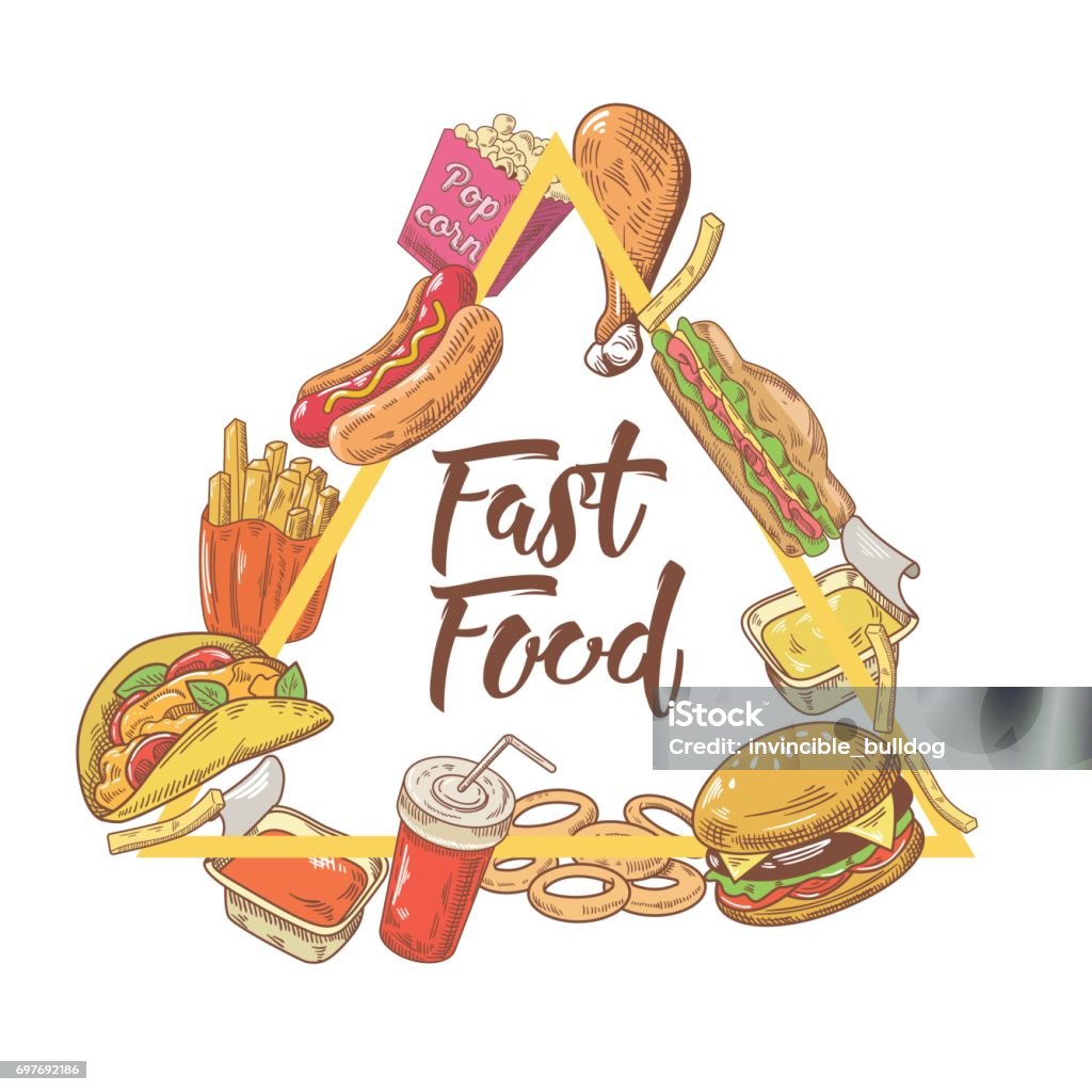 Fast Food Hand Drawn Design with Burger, Fries and Soda. Unhealthy Eating Fast Food Hand Drawn Design with Burger, Fries and Soda. Unhealthy Eating. Vector illustration American Culture stock vector