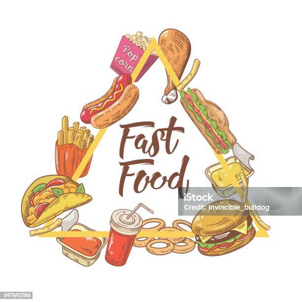 Fast Food Hand Drawn Design With Burger Fries And Soda Unhealthy Eating Stock Illustration - Download Image Now