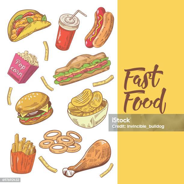 Fast Food Hand Drawn Doodle With Burger Fries And Pop Corn Unhealthy Eating Stock Illustration - Download Image Now