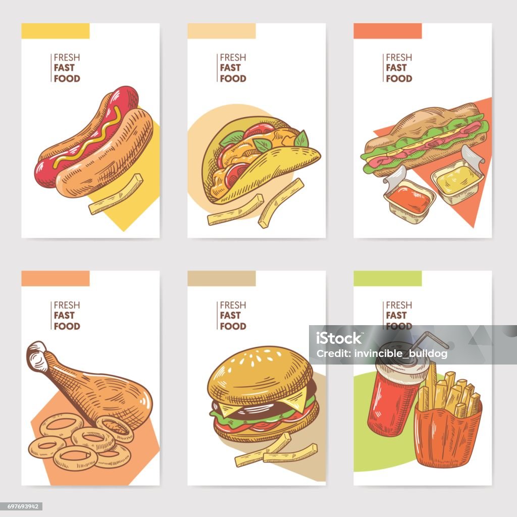 Fresh Fast Food Hand Drawn Cards Brochure Menu with Burger, Sandwich and Fries. Food and Drink Fresh Fast Food Hand Drawn Cards Brochure Menu with Burger, Sandwich and Fries. Food and Drink. Vector illustration American Culture stock vector
