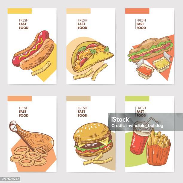 Fresh Fast Food Hand Drawn Cards Brochure Menu With Burger Sandwich And Fries Food And Drink Stock Illustration - Download Image Now