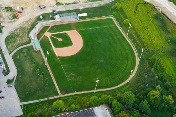 aerial view of Ontario canada in summer High angle view of baseball field, at day, Toronto, Ontario, Canada. aerial picture from ontario canada 2016 track and field stadium stock pictures, royalty-free photos & images