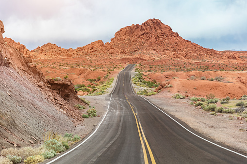 Highway towards the famous Valley of Fire State Park, Nevada, USA.