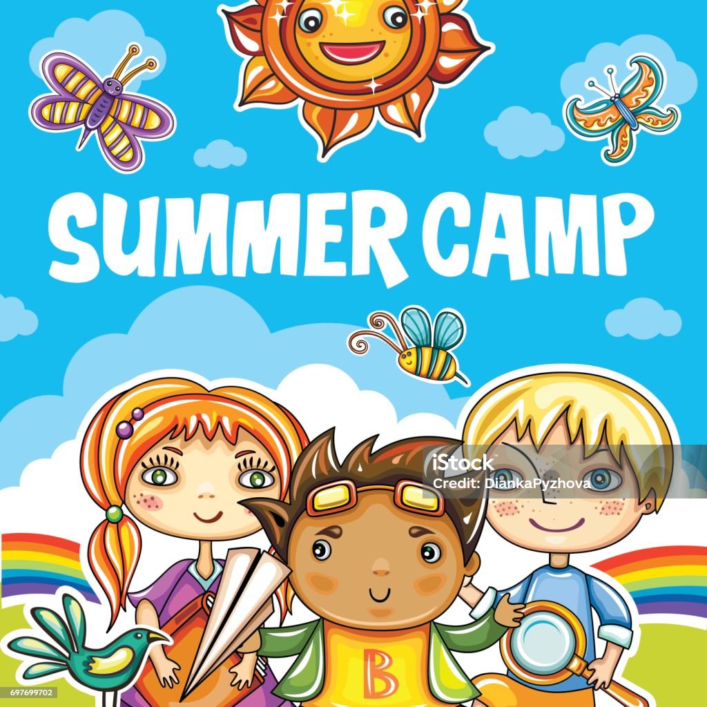 Children Summer camp series Colorful floral poster with little children friends, book, magnifying glass, birds, clouds and sky. Summer playground. Template for brochure, website banners, kids party invitation, summer art camp Summer Camp stock vector