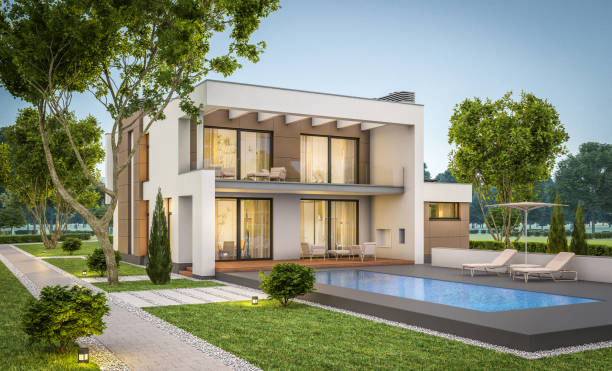 istock 3d rendering of modern cozy house summer evening 697705430