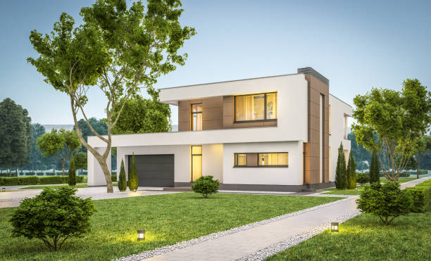 istock 3d rendering of modern cozy house summer evening 697705476
