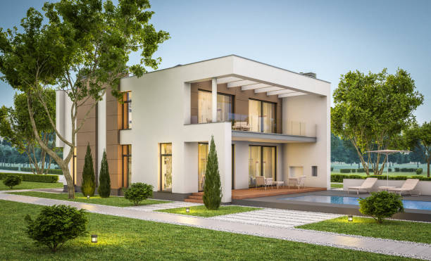 istock 3d rendering of modern cozy house summer evening 697705520