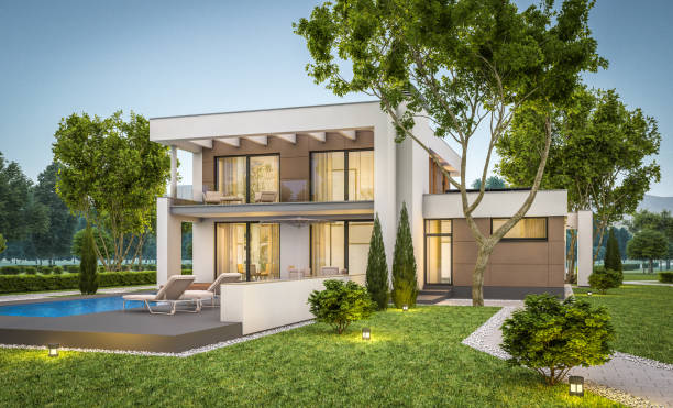 istock 3d rendering of modern cozy house summer evening 697705526