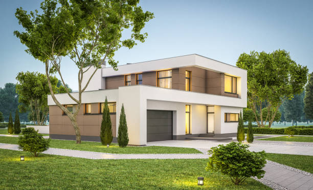 istock 3d rendering of modern cozy house summer evening 697705568