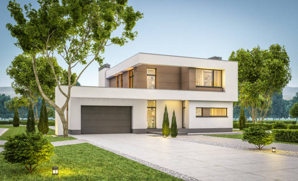 render 3d de moderno acogedor de la casa las noches de verano - building exterior usa night built structure fotografías e imágenes de stock