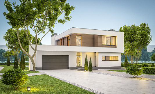 3d rendering of modern cozy house with garage for sale or rent with many grass on lawn. Clear summer evening with soft sky. Cozy warm light from window