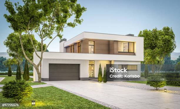 3d Rendering Of Modern Cozy House Summer Evening Stock Photo - Download Image Now - House, Modern, Domestic Life