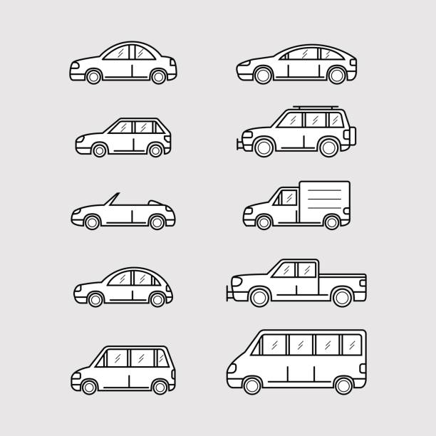 illustrazioni stock, clip art, cartoni animati e icone di tendenza di set di auto - car silhouette land vehicle sports utility vehicle