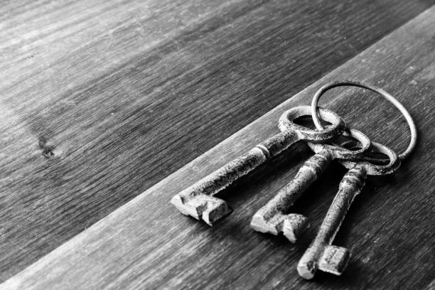 istock Three old (vintage) keys on a wooden background. 697722330