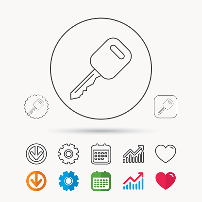 Car key icon. Transportat lock sign. Calendar, Graph chart and Cogwheel signs. Download and Heart love linear web icons. Vector