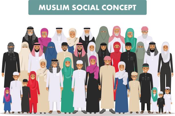 Family and social concept. Arab person generations at different ages. Group young and old muslim people standing together in different traditional islamic clothes on white background in flat style Arab men and women standing together in different traditional islamic clothes on white background in flat style. Different dress styles. Flat design people characters. Social concept. Family concept. muslim family stock illustrations
