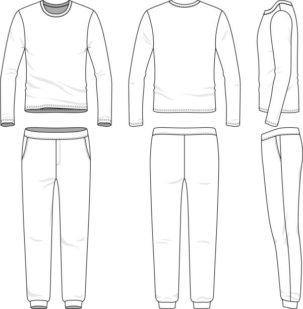 Clothing set of long sleeved shirt and sweatpants. Front, back and side views of lon sleeved shirt and sweatpants. Blank vector templates. Clothing set. Sportswear. Fashion illustration. Isolated on white background. jogging pants stock illustrations