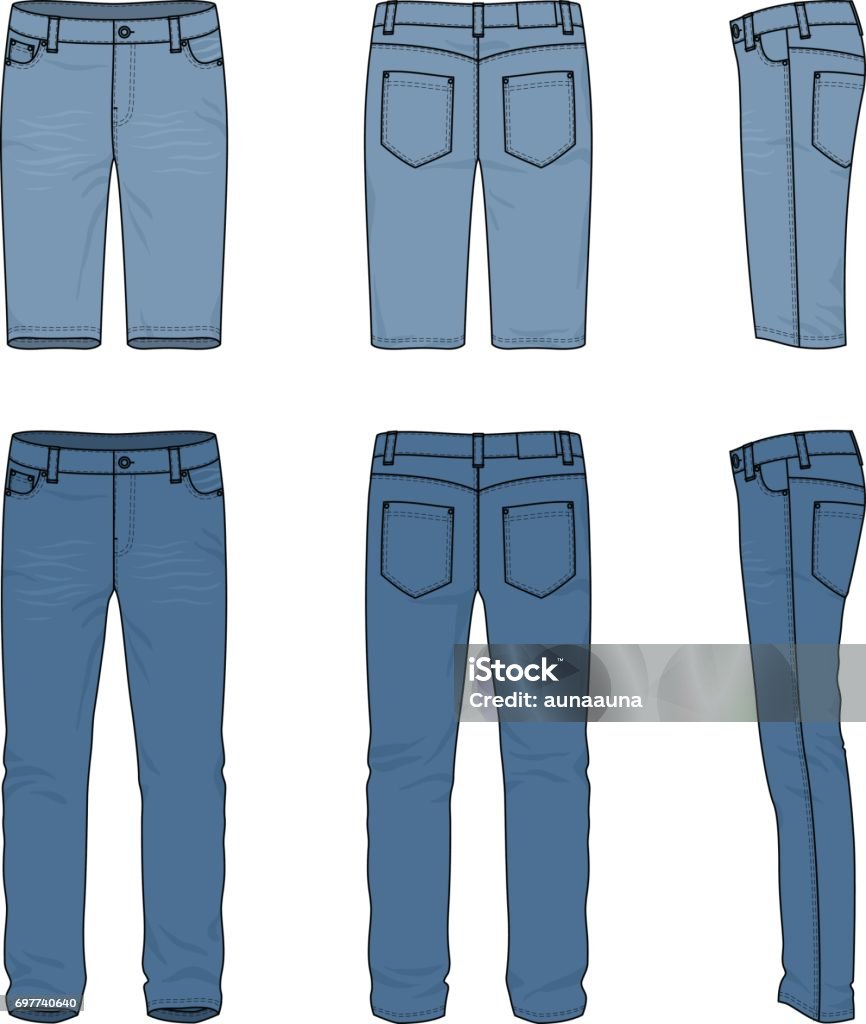 Set of male jeans and shorts. Blank vector templates of male jeans and shorts. Front, back and side views of denim pants. Clothing set in casual style. Fashion illustration. Jeans stock vector