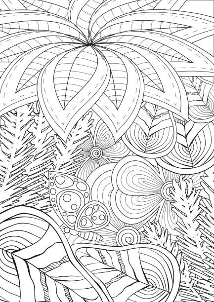 흑인과 백인 낙서 스타일에 색칠을 위한 꽃 패턴입니다. - summer backgrounds line art butterfly stock illustrations