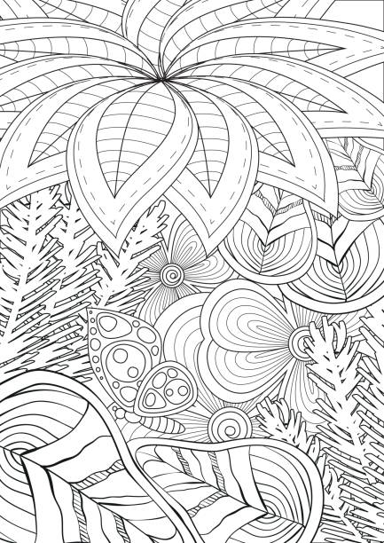 ilustrações de stock, clip art, desenhos animados e ícones de black and white floral pattern for coloring book in doodle style. - summer backgrounds line art butterfly