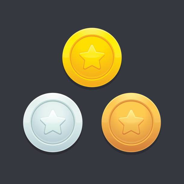 Video game coins Video game coins or medals set. Gold, silver and bronze. Graphic user interface design element, vector illustration. competition round illustrations stock illustrations