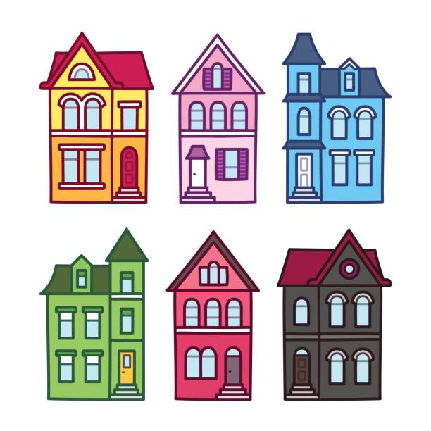 Victorian houses set Old Victorian houses, vector illustration set. Colorful hand drawn architecture elements. victorian house stock illustrations
