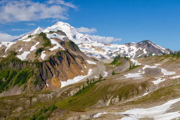 View of the snow-capped Mount Baker volcano in northern Washington, USA
