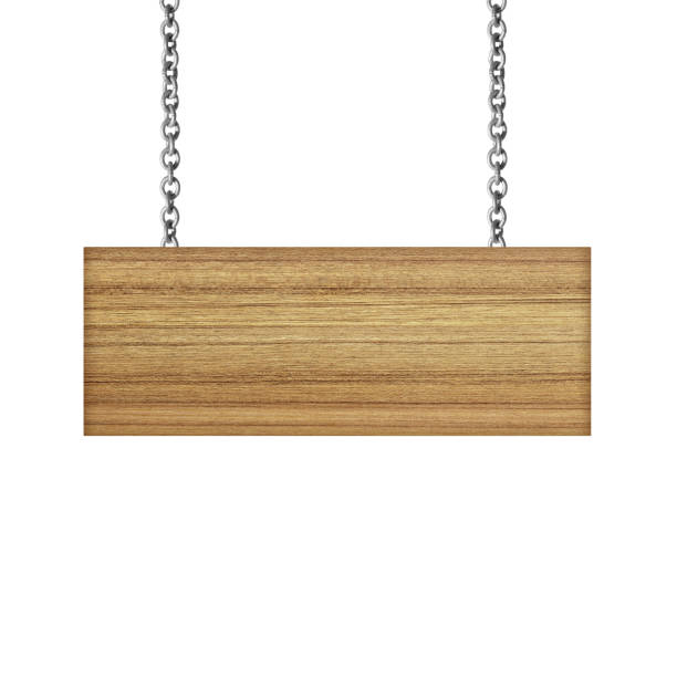 istock Wooden sign hanging on a chain isolated on white  background 697754038