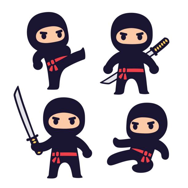 Cute cartoon ninja set Cute cartoon ninja set with katana sword, different fighting poses. Isolated vector clip art illustration. child art people contemporary stock illustrations