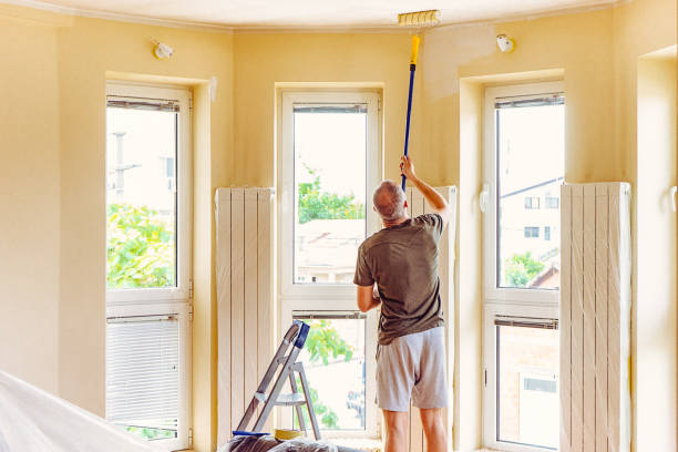 istock Young man painting ceiling with telescopic roller 697766432