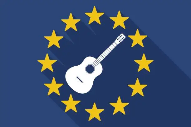 Vector illustration of Long shadow EU flag with  a six string acoustic guitar