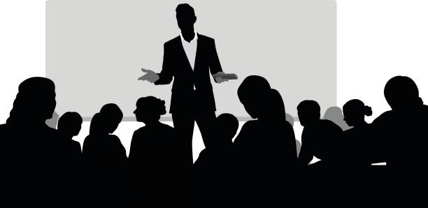 person presenting clipart Compelling Lectures A vector silhouette illustration of a male professor giving a lecture to a lecture hall of college students. He gestures and hold a remote while standing in front of a board. person presenting silhouette stock illustrations