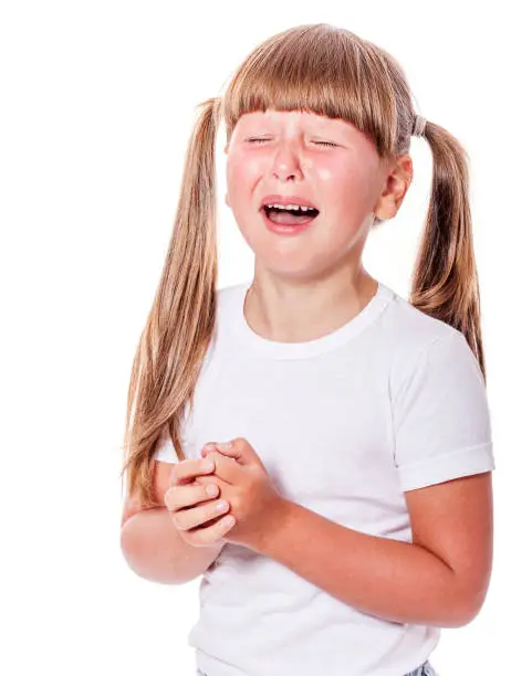 Upset cranky girl crying with eyes closed isolated on white background