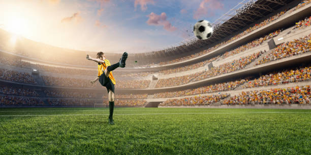 istock Soccer kids player in action in 3D dramatic stadium 697770428