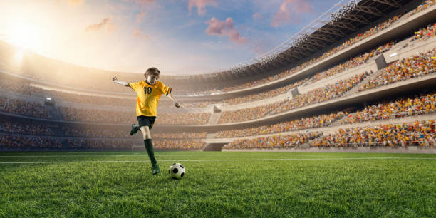 istock Soccer kids player in action in 3D dramatic stadium 697770436