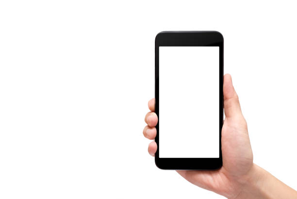 istock Hand holding black mobile phone with blank screen isolated on white background,Mock up for display of your content of replace with background, Clipping path 697772992