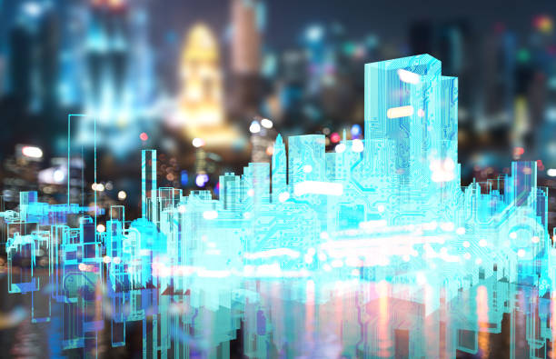 istock Power grid , smart city energy , electric Energy Distribution chain industry technology concept.  3D rendering of building and blur city bokeh background. 697787786