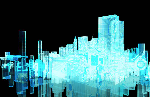 istock Power grid , smart city energy , electric Energy Distribution chain industry technology concept.  3D rendering of building , circuit board with black background. 697787790