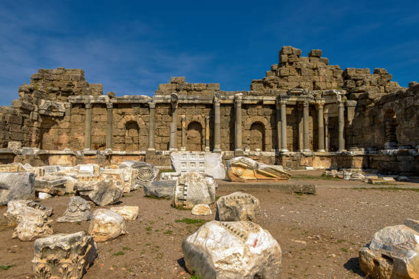 State agora in Side ancient city, Antalya, Turkey. Horizontal composition.